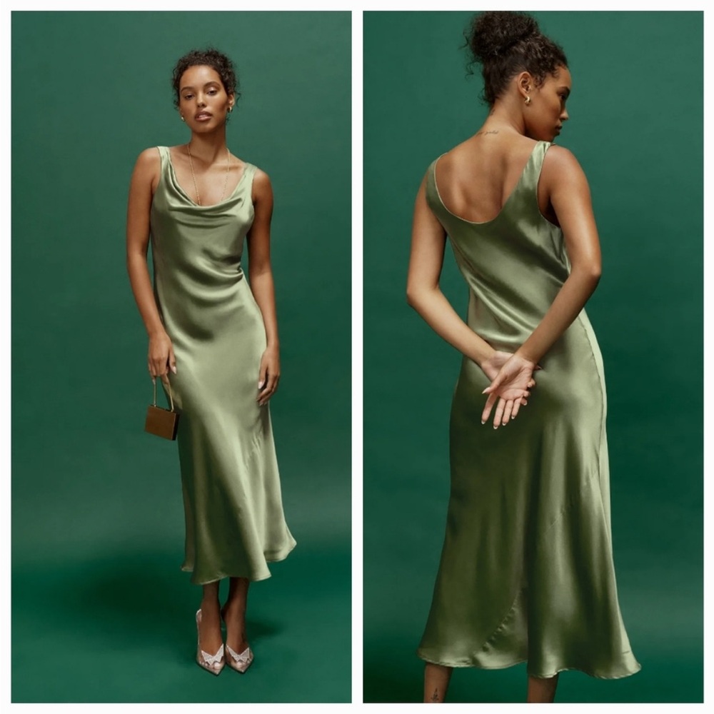 NWOT. Reformation Bryn silk dress in artichoke green